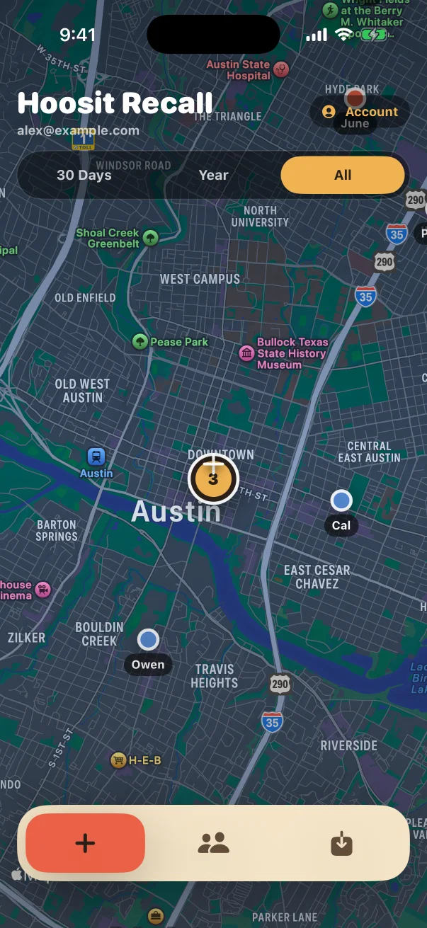 Hoosit Recall map showing people grouped near downtown Austin