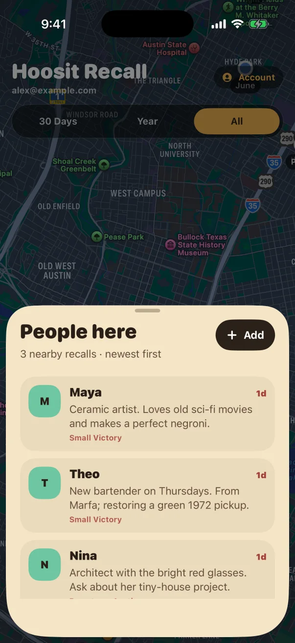 Nearby people list opened from one map cluster
