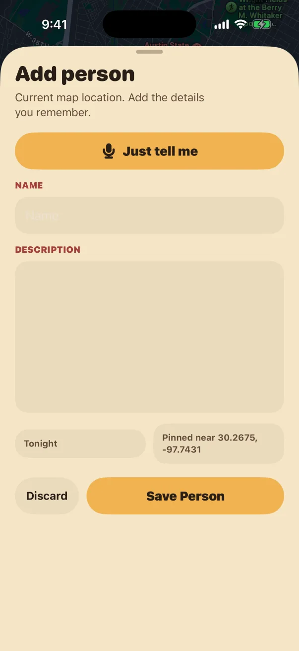 Add person form with Just tell me voice-entry button
