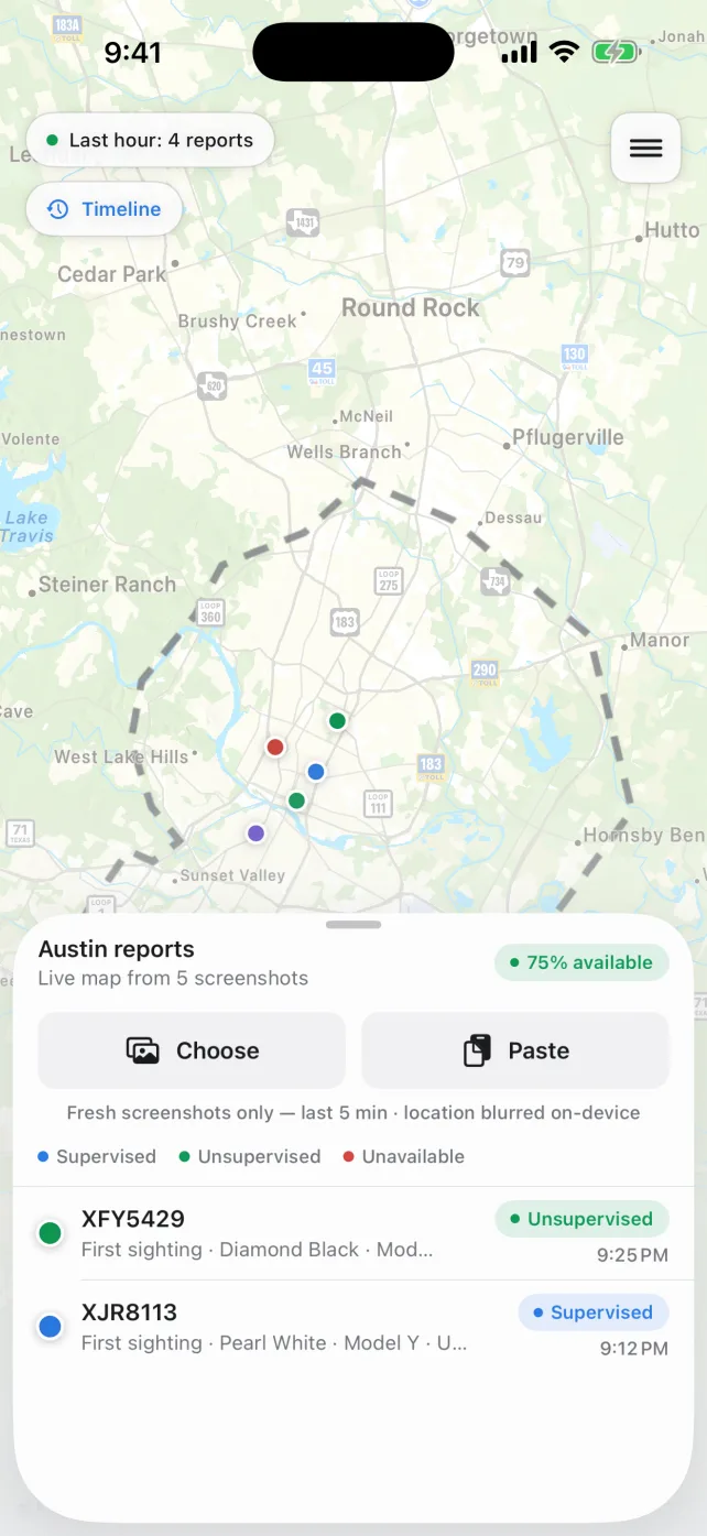 RoboSnap live Austin map showing recent supervised, unsupervised, and unavailable reports