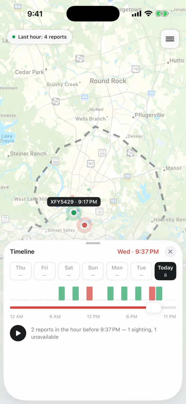 RoboSnap map timeline showing reports across an Austin day