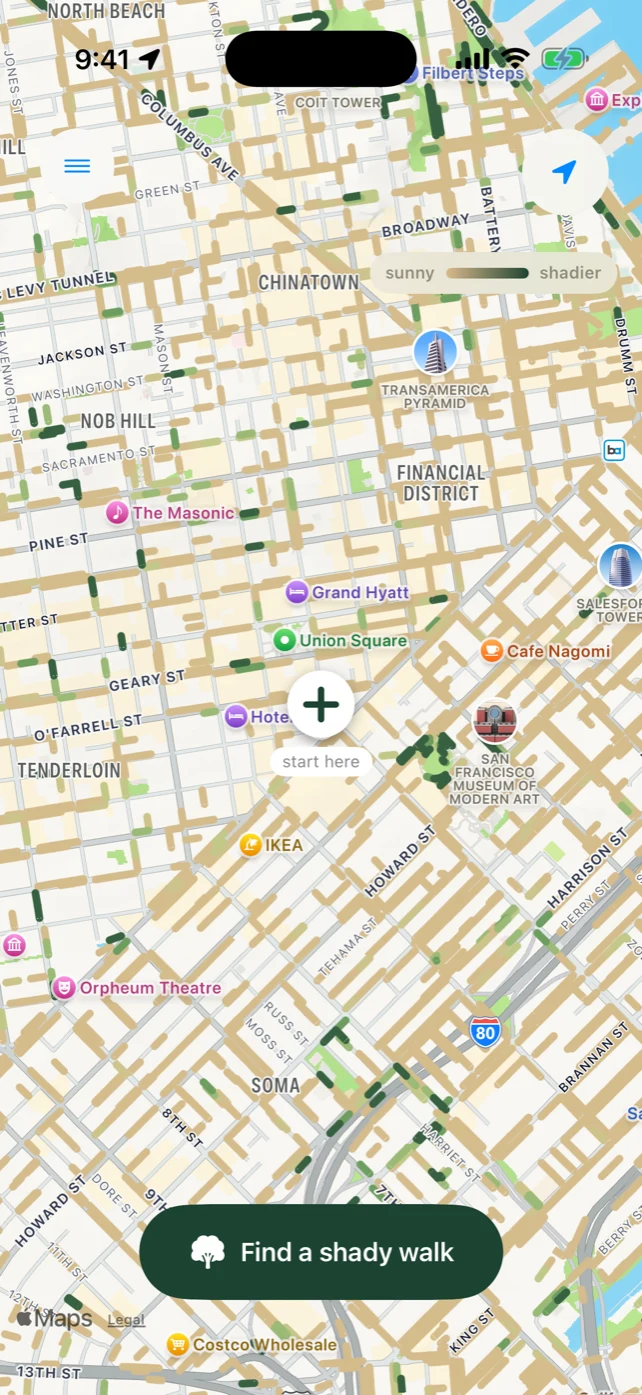 Map of San Francisco streets colored from sunny tan to shady green using tree-canopy coverage