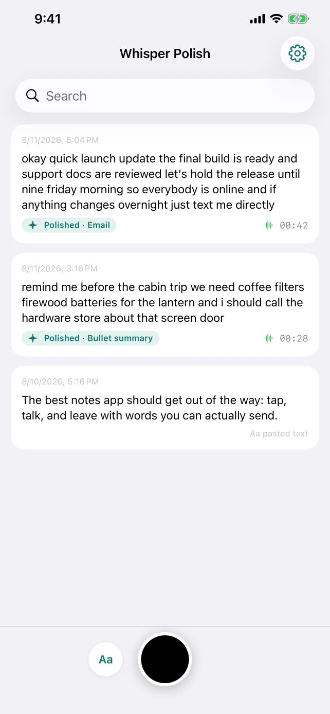 Three notes in Whisper Polish, including polished email and bullet summary results