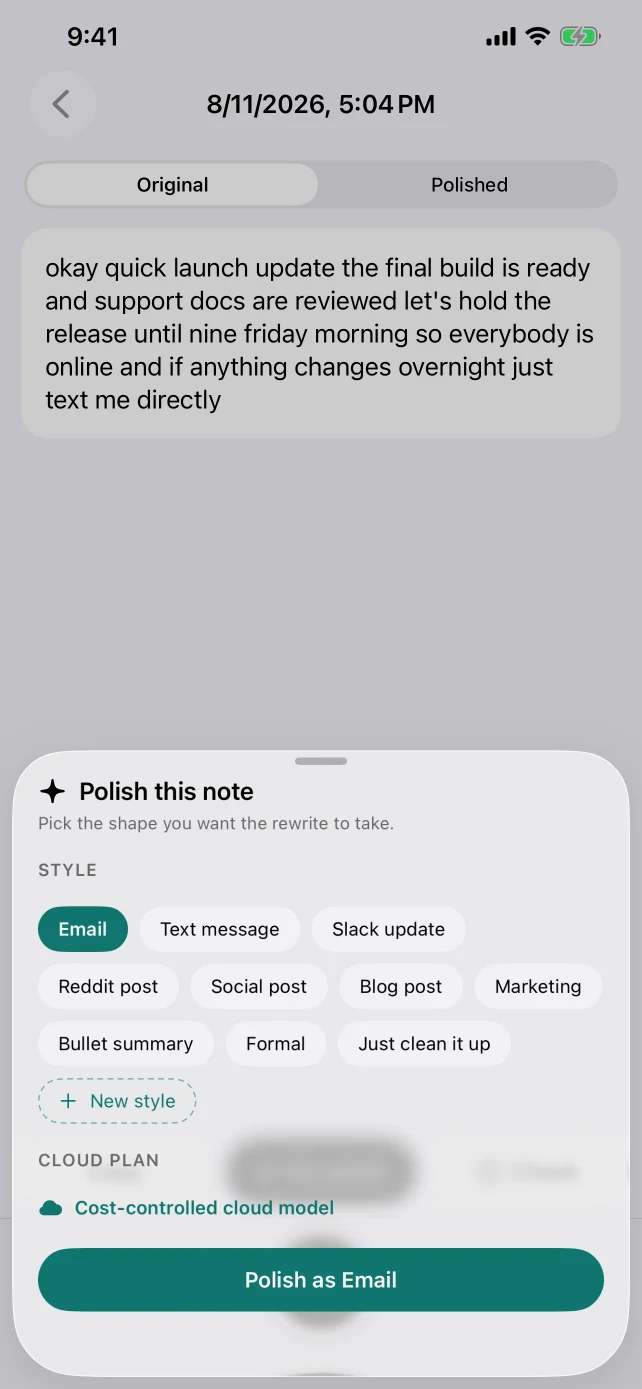 Style chooser with email, text message, Slack update, summary, and custom options