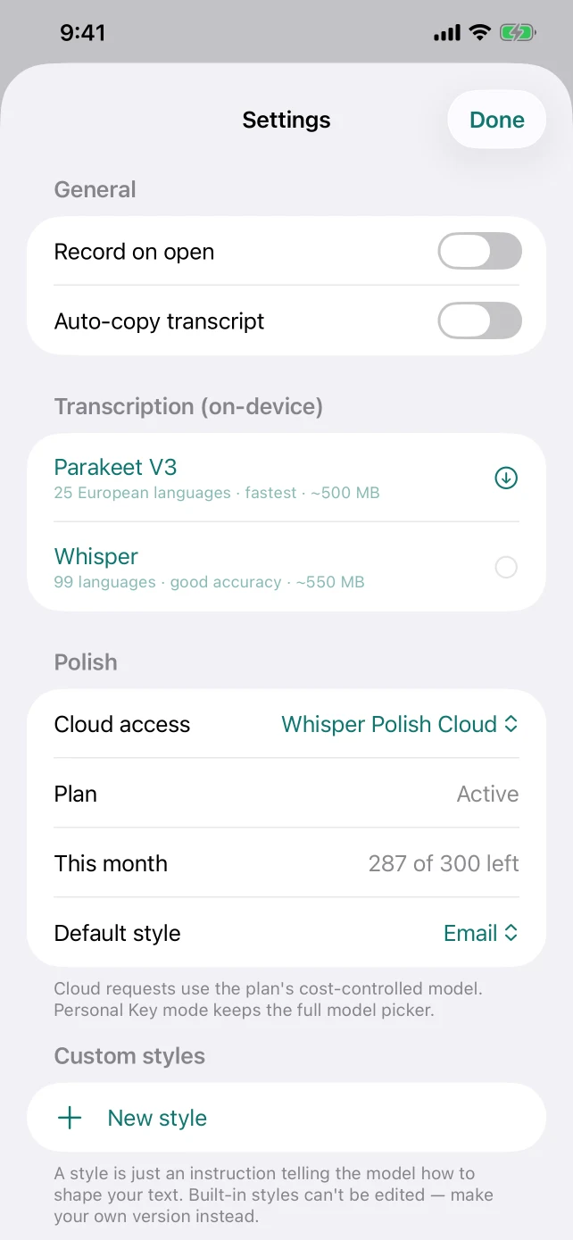 Settings screen showing an active Whisper Polish Cloud plan and monthly usage